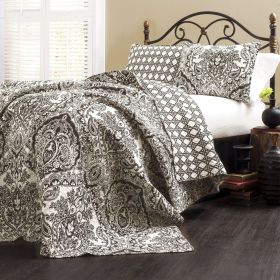 Queen size 3-Piece Quilt Set 100-Percent Cotton in Charcoal Damask Queen size 3-Piece Quilt Set 100-Percent Cotton in Charcoal Damask